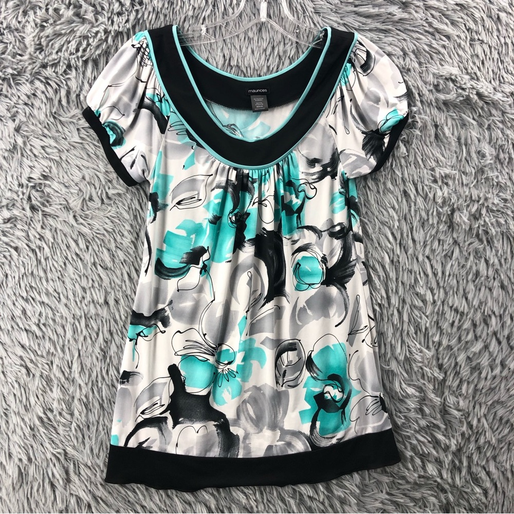 Maurices Blouse Womens Medium Watercolor Flower Green Gray Silky Feel Top